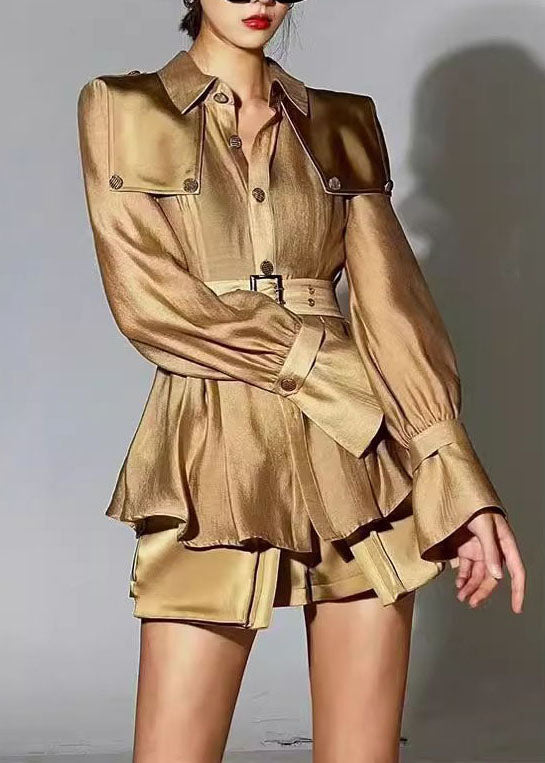 Chic Light Brown Peter Pan Collar Patchwork Silk Two Pieces Set Fall