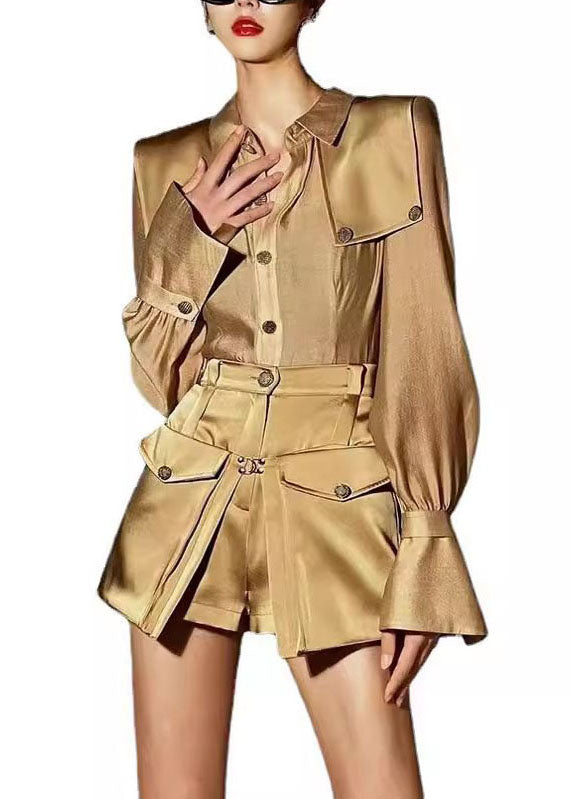 Chic Light Brown Peter Pan Collar Patchwork Silk Two Pieces Set Fall