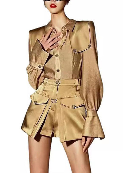 Chic Light Brown Peter Pan Collar Patchwork Silk Two Pieces Set Fall