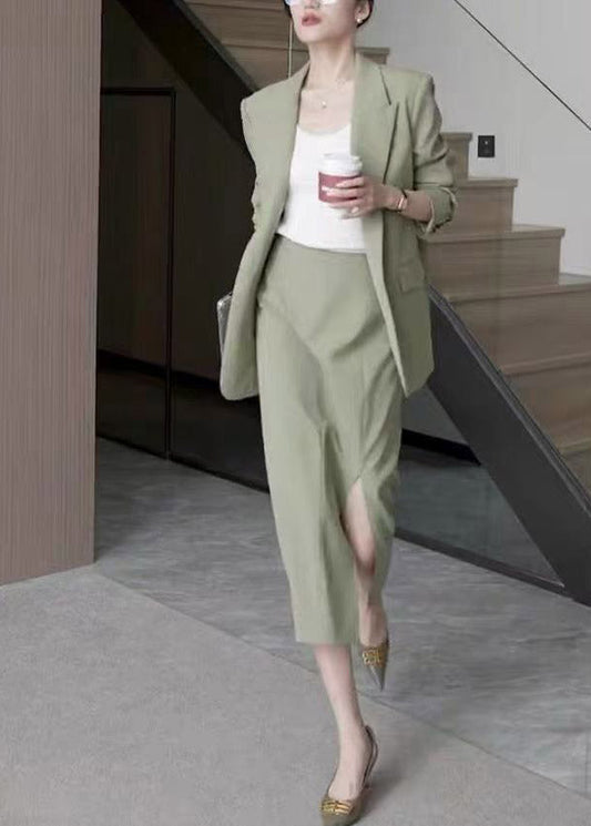 Chic Light Green Notche Coats And Maxi Skirts Two Pieces Set Spring