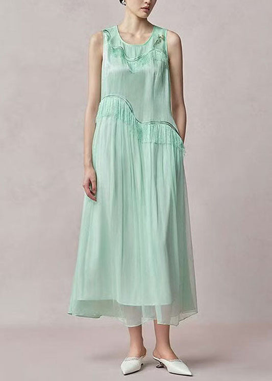 Chic Light Green O Neck Tassel Patchwork Silk Dress Sleeveless