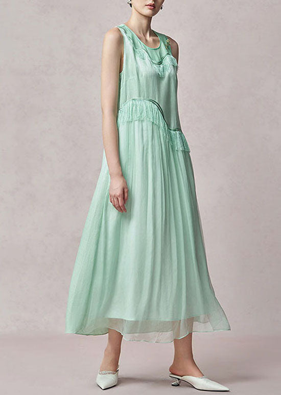 Chic Light Green O Neck Tassel Patchwork Silk Dress Sleeveless