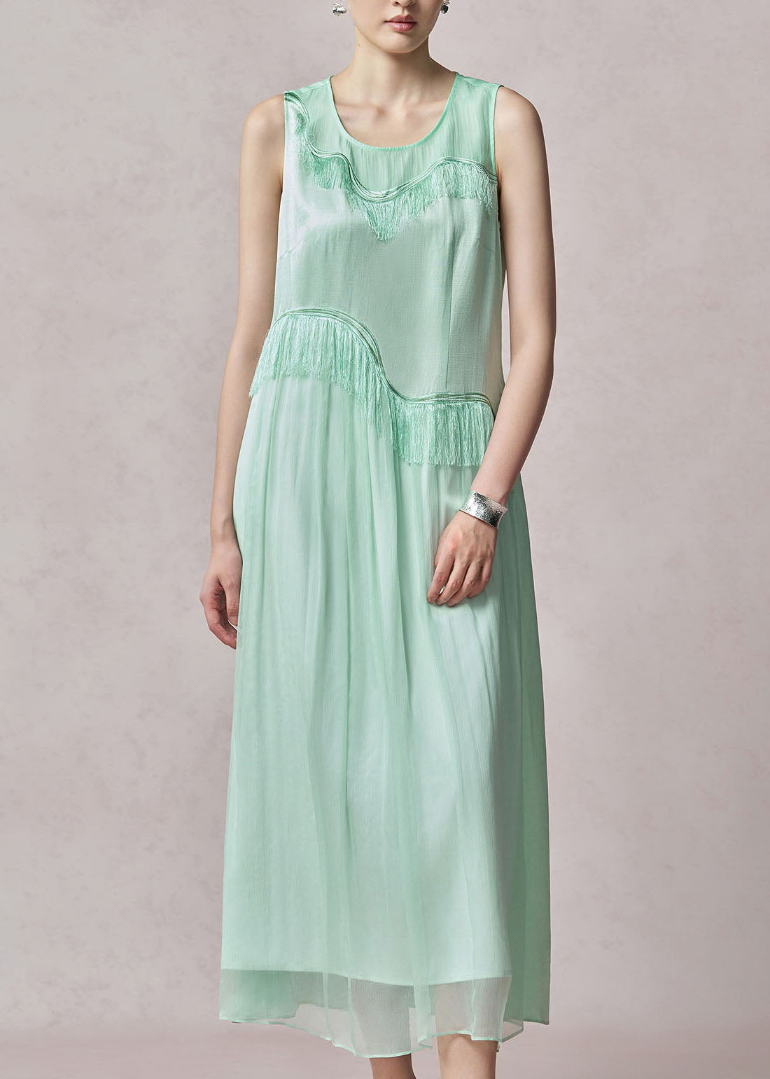 Chic Light Green O Neck Tassel Patchwork Silk Dress Sleeveless