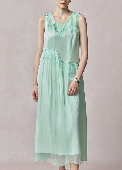 Chic Light Green O Neck Tassel Patchwork Silk Dress Sleeveless