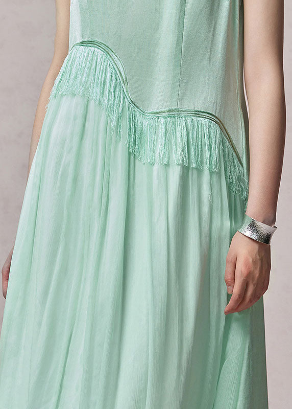 Chic Light Green O Neck Tassel Patchwork Silk Dress Sleeveless