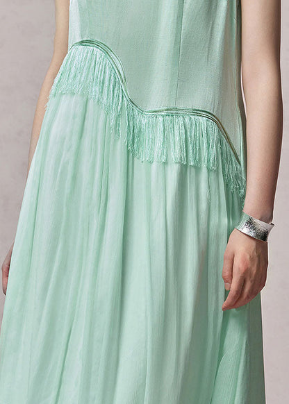 Chic Light Green O Neck Tassel Patchwork Silk Dress Sleeveless