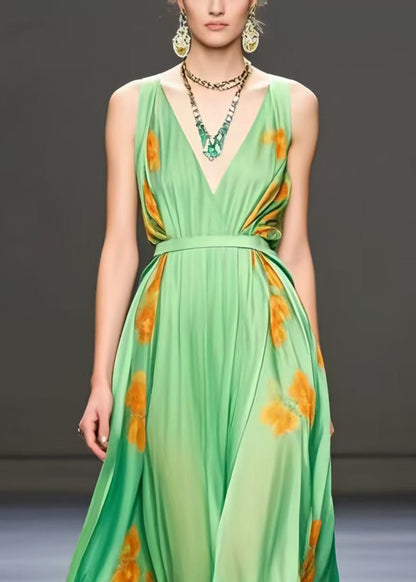 Chic Light Green Print Exra Large Hem Silk Cami Dress Summer