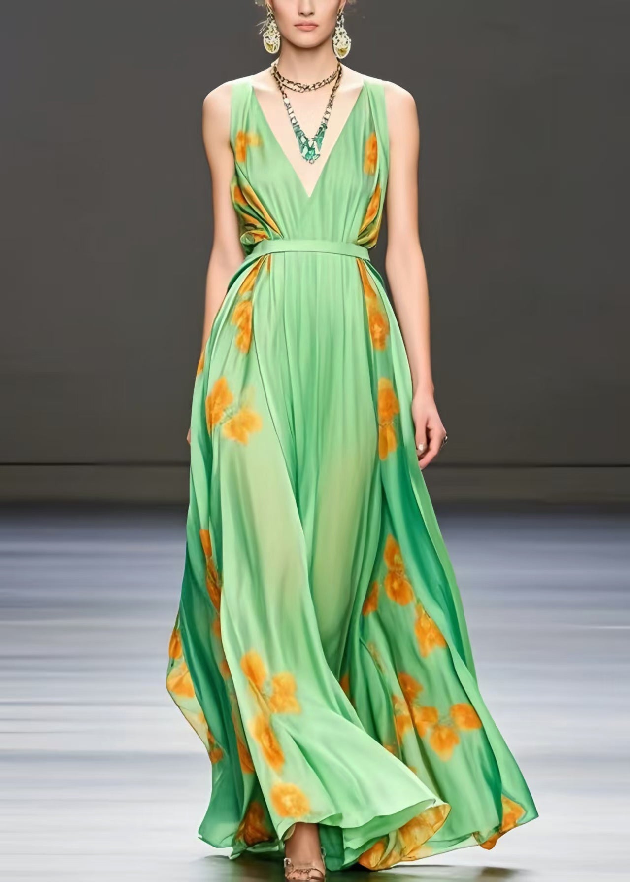 Chic Light Green Print Exra Large Hem Silk Cami Dress Summer