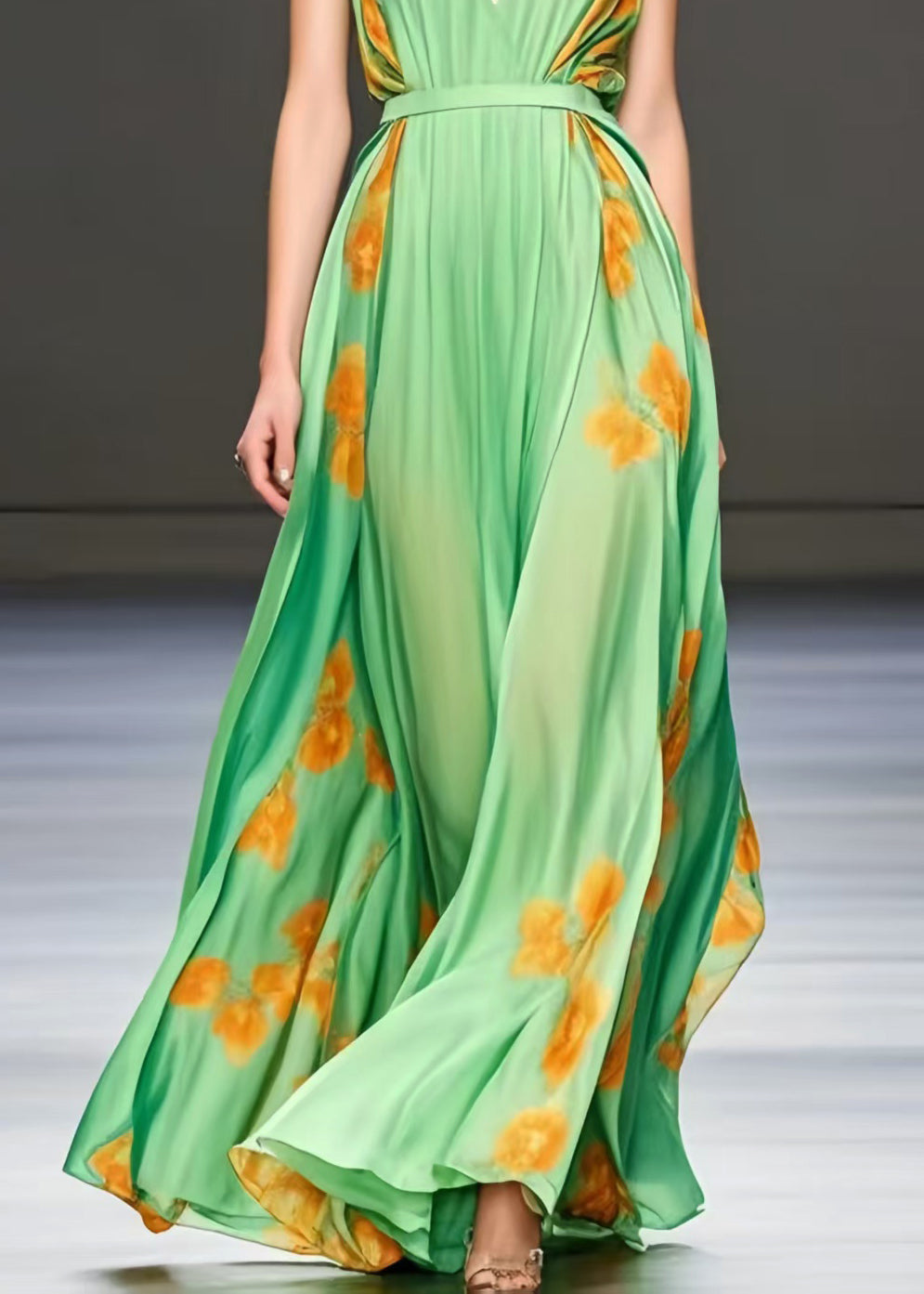 Chic Light Green Print Exra Large Hem Silk Cami Dress Summer