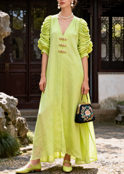 Chic Light Green V Neck Cinched Cotton Robe Dresses Summer