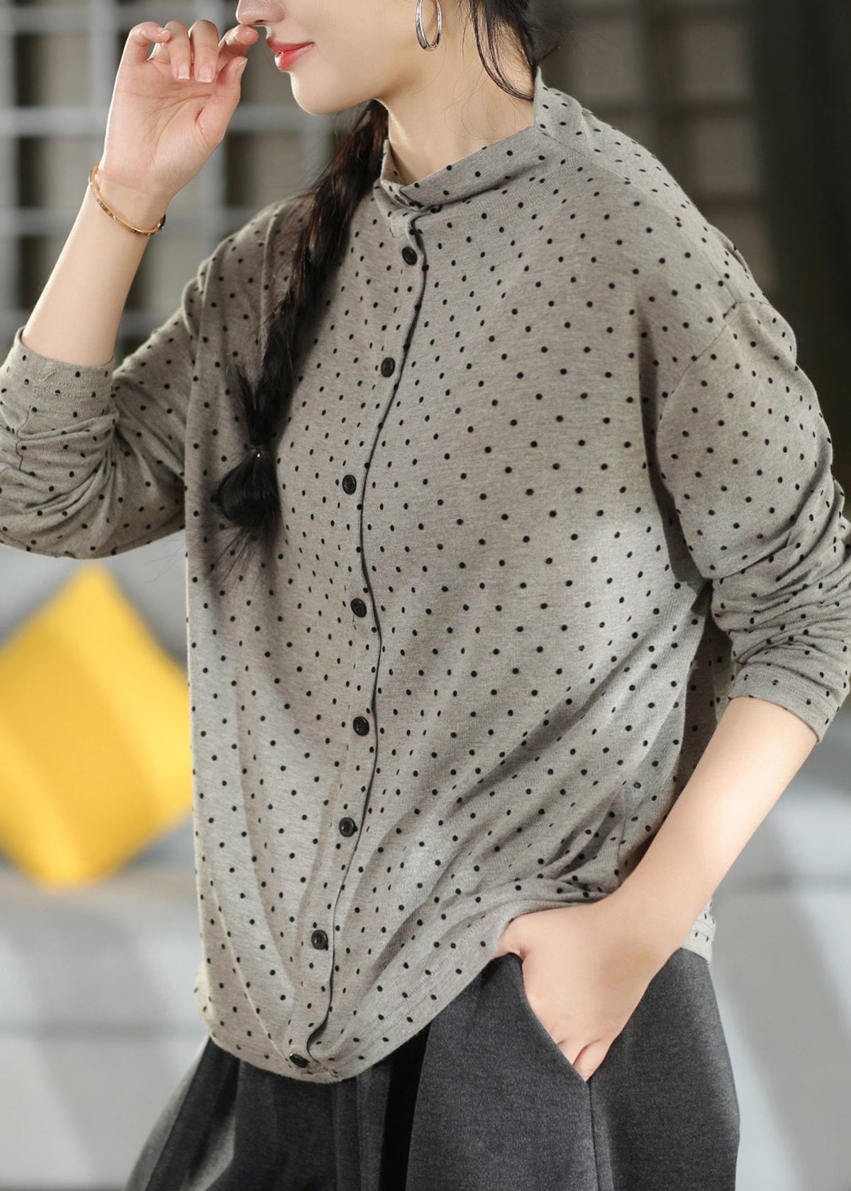 Chic Light Grey Dot Half High Neck Cotton T Shirts Fall