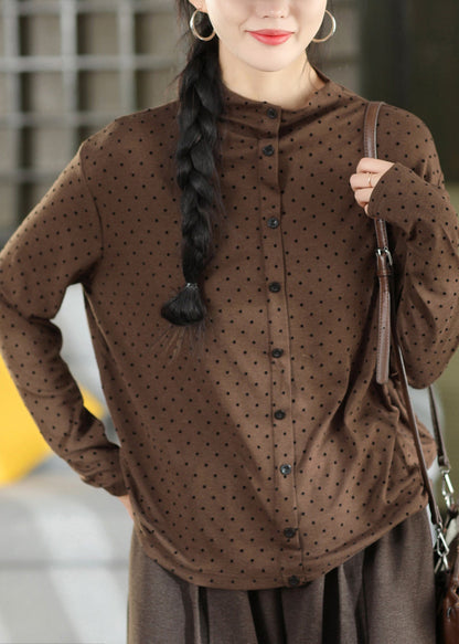 Chic Light Grey Dot Half High Neck Cotton T Shirts Fall