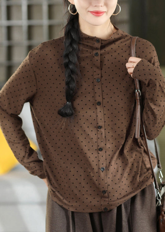 Chic Light Grey Dot Half High Neck Cotton T Shirts Fall