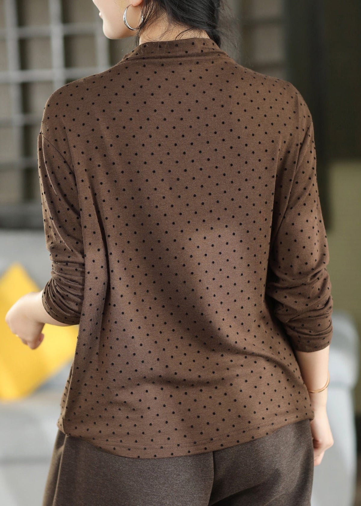 Chic Light Grey Dot Half High Neck Cotton T Shirts Fall