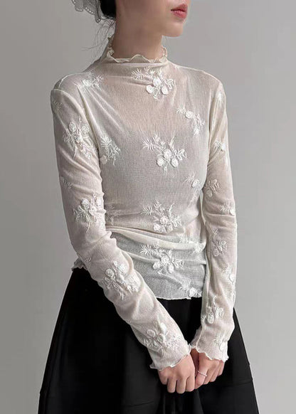 Chic Light Grey Embroidered Tulle T Shirt Spring