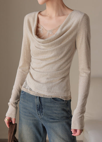 Chic Light Grey Patchwork Knit Tops Spring