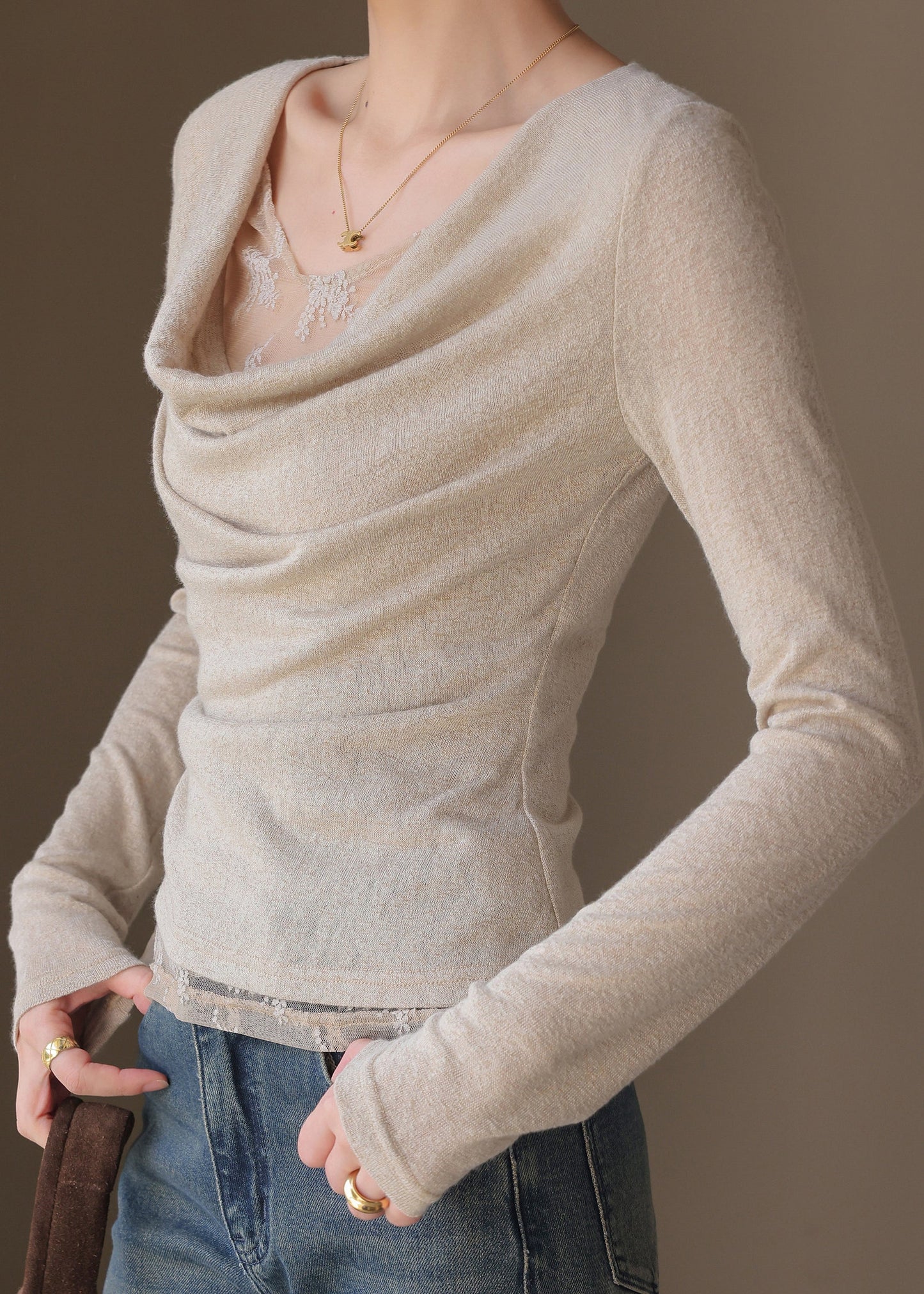 Chic Light Grey Patchwork Knit Tops Spring