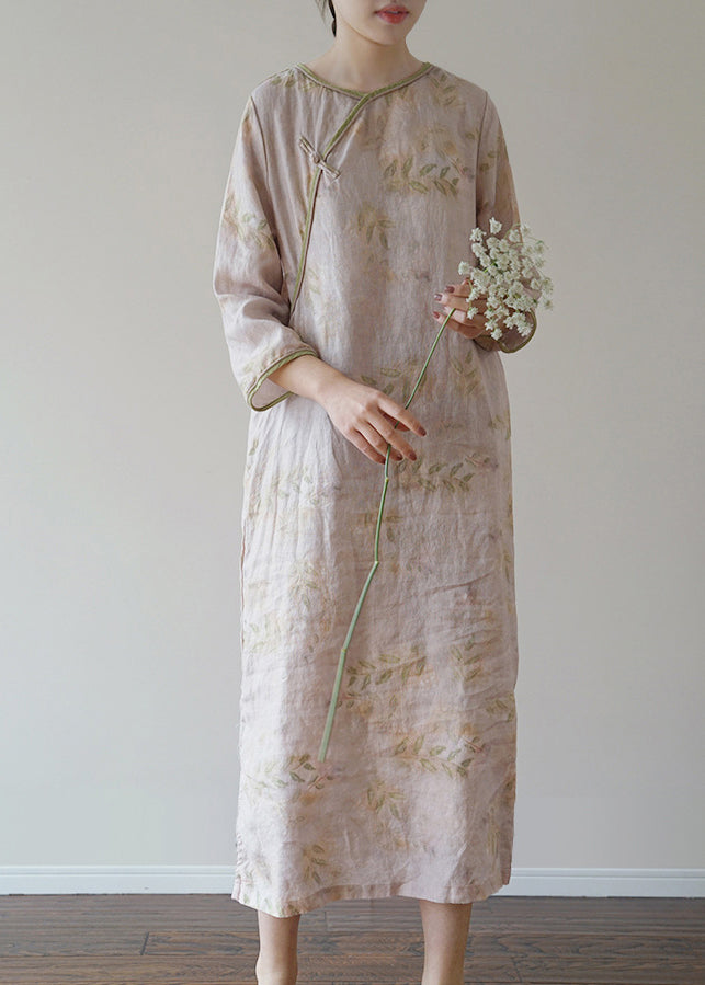 Chic Light Pink O-Neck side open Print Linen Dresses Three Quarter sleeve
