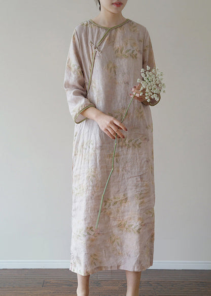 Chic Light Pink O-Neck side open Print Linen Dresses Three Quarter sleeve