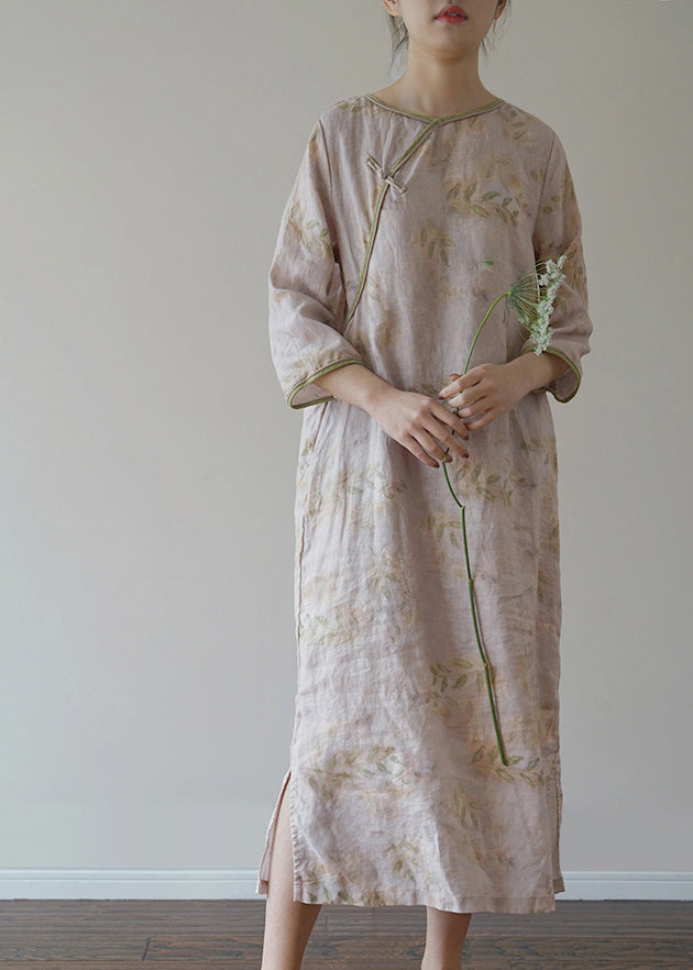 Chic Light Pink O-Neck side open Print Linen Dresses Three Quarter sleeve