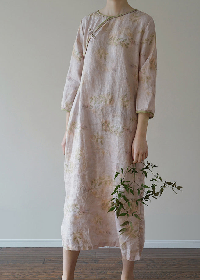 Chic Light Pink O-Neck side open Print Linen Dresses Three Quarter sleeve
