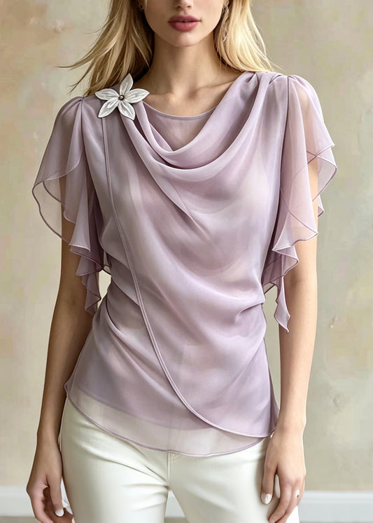 Chic Light Purple Asymmetrical Daisy Chiffon Shirt Summer