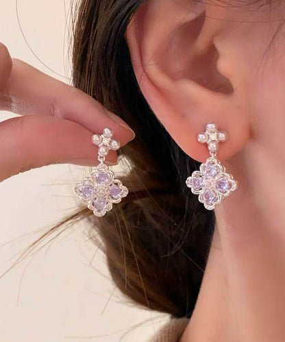 Chic Light Purple Zircon Silver Needle Pearl Drop Earrings