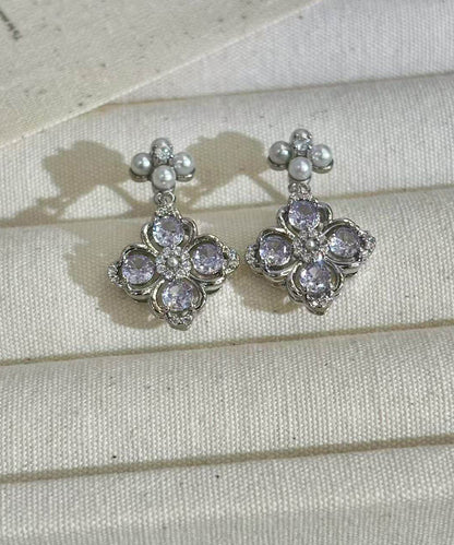 Chic Light Purple Zircon Silver Needle Pearl Drop Earrings