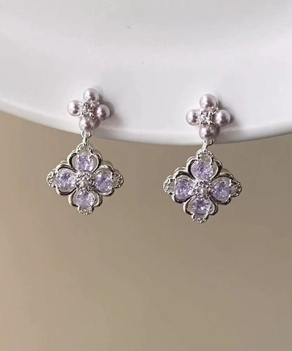 Chic Light Purple Zircon Silver Needle Pearl Drop Earrings