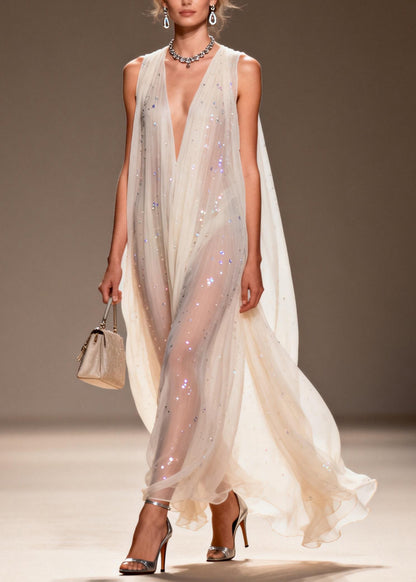 Chic Loose V Neck Zircon Chiffon Dress Sleeveless