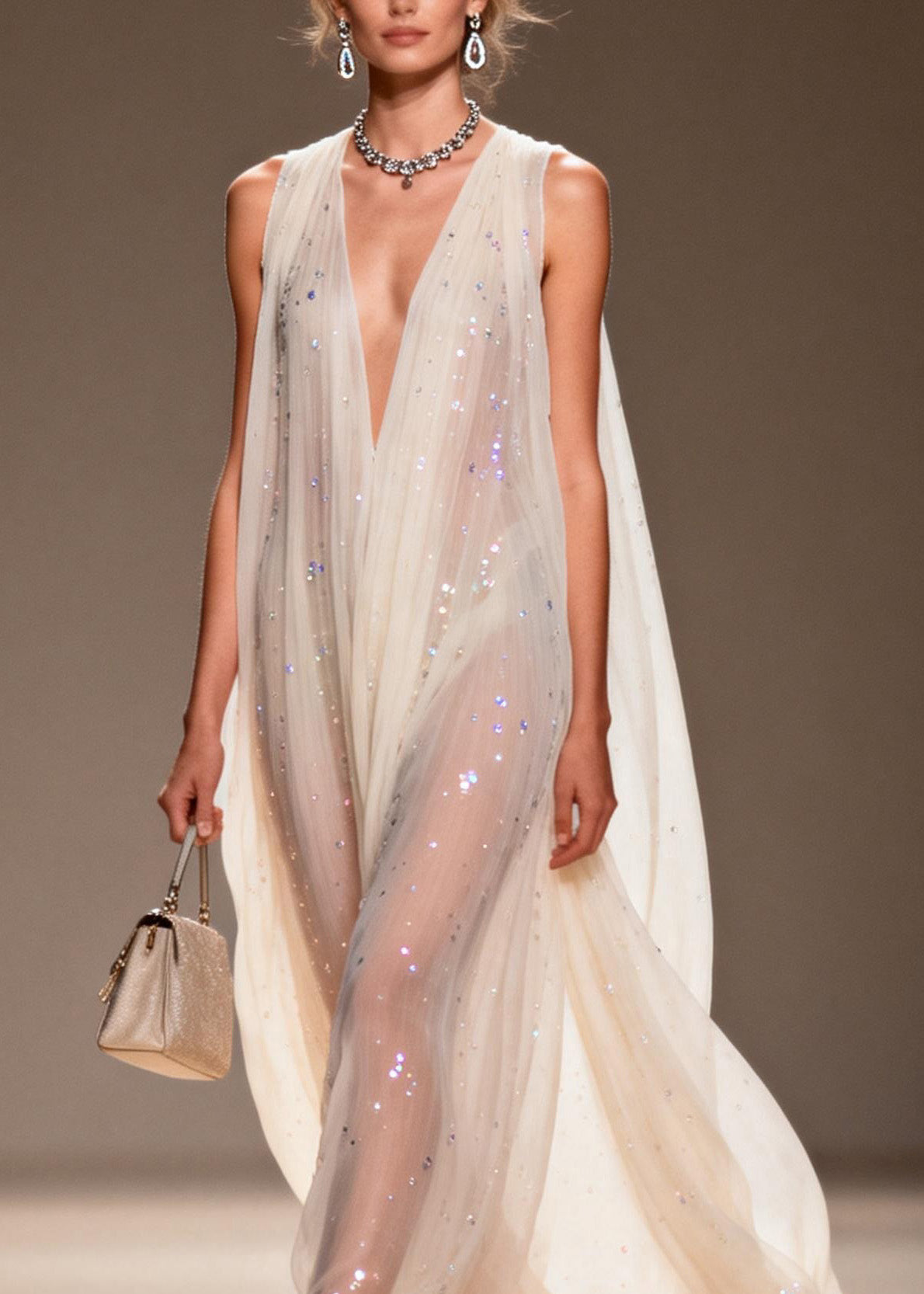 Chic Loose V Neck Zircon Chiffon Dress Sleeveless