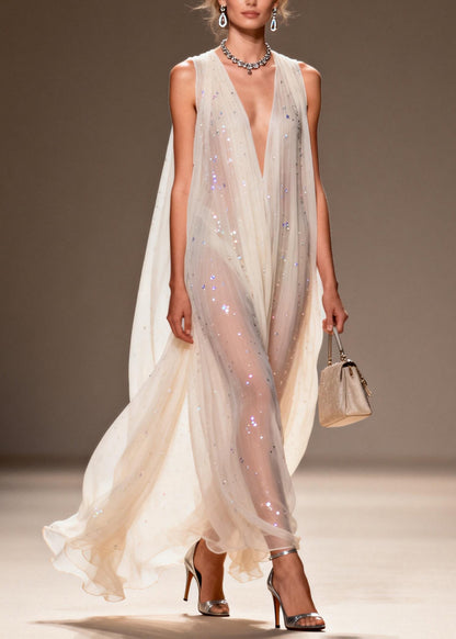 Chic Loose V Neck Zircon Chiffon Dress Sleeveless