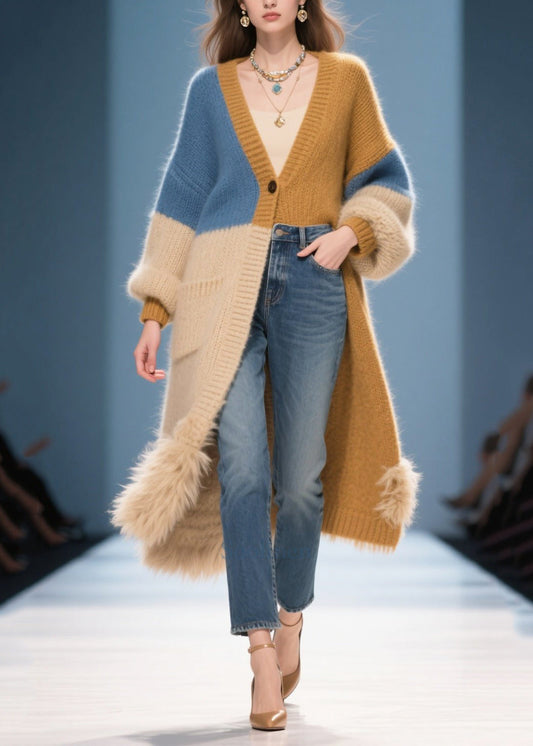Chic Mixed Color Oversized Patchwork Faux Fur Knit Cardigans Winter