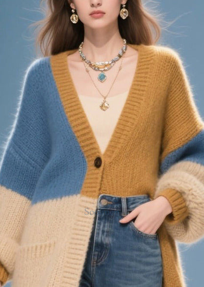 Chic Mixed Color Oversized Patchwork Faux Fur Knit Cardigans Winter