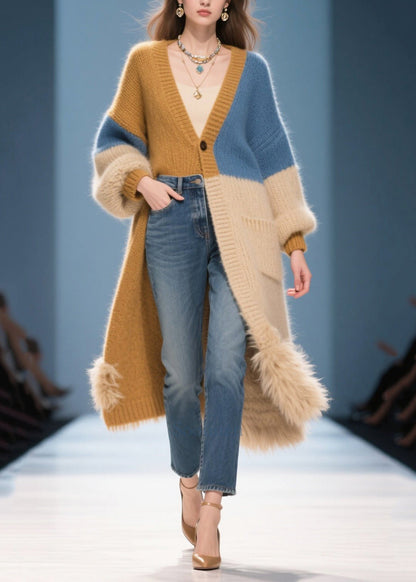 Chic Mixed Color Oversized Patchwork Faux Fur Knit Cardigans Winter
