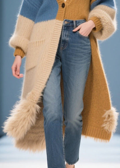 Chic Mixed Color Oversized Patchwork Faux Fur Knit Cardigans Winter