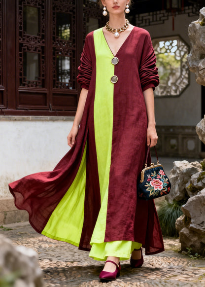 Chic Mulberry Asymmetrical Patchwork Cotton Maxi Dresses Fall