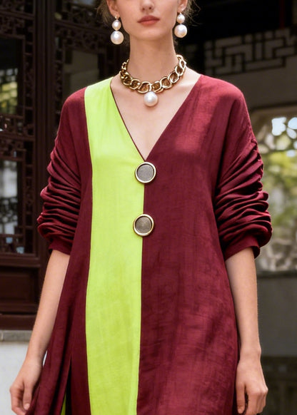 Chic Mulberry Asymmetrical Patchwork Cotton Maxi Dresses Fall