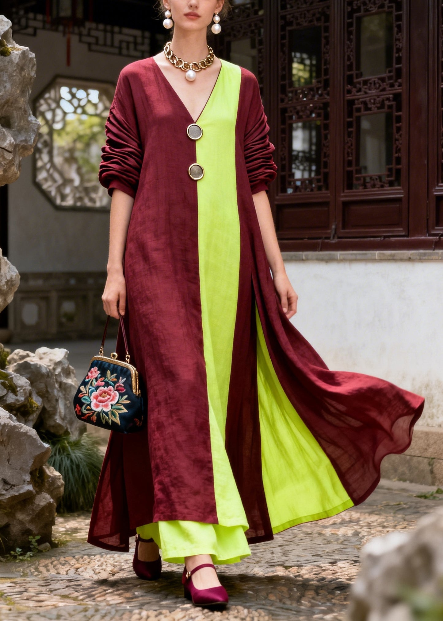 Chic Mulberry Asymmetrical Patchwork Cotton Maxi Dresses Fall