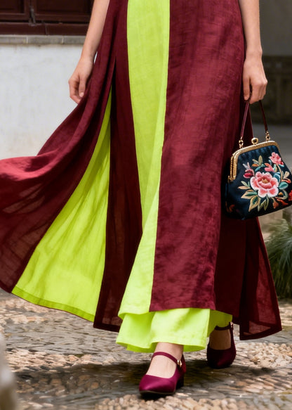 Chic Mulberry Asymmetrical Patchwork Cotton Maxi Dresses Fall