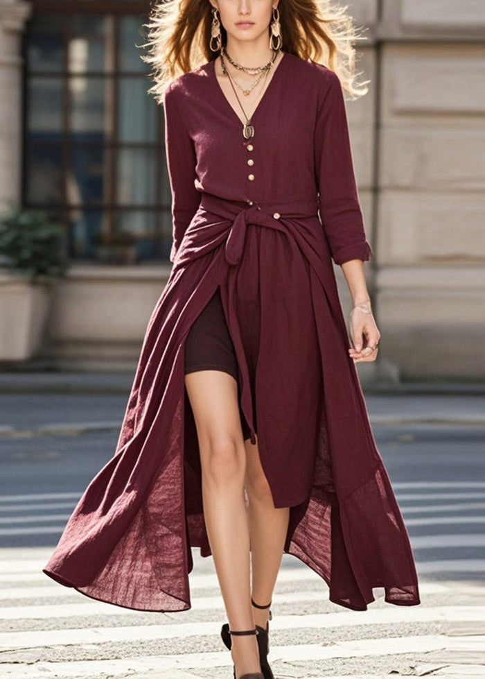 Chic Mulberry Asymmetrical Tie Waist Cotton Dress Spring