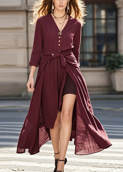Chic Mulberry Asymmetrical Tie Waist Cotton Dress Spring