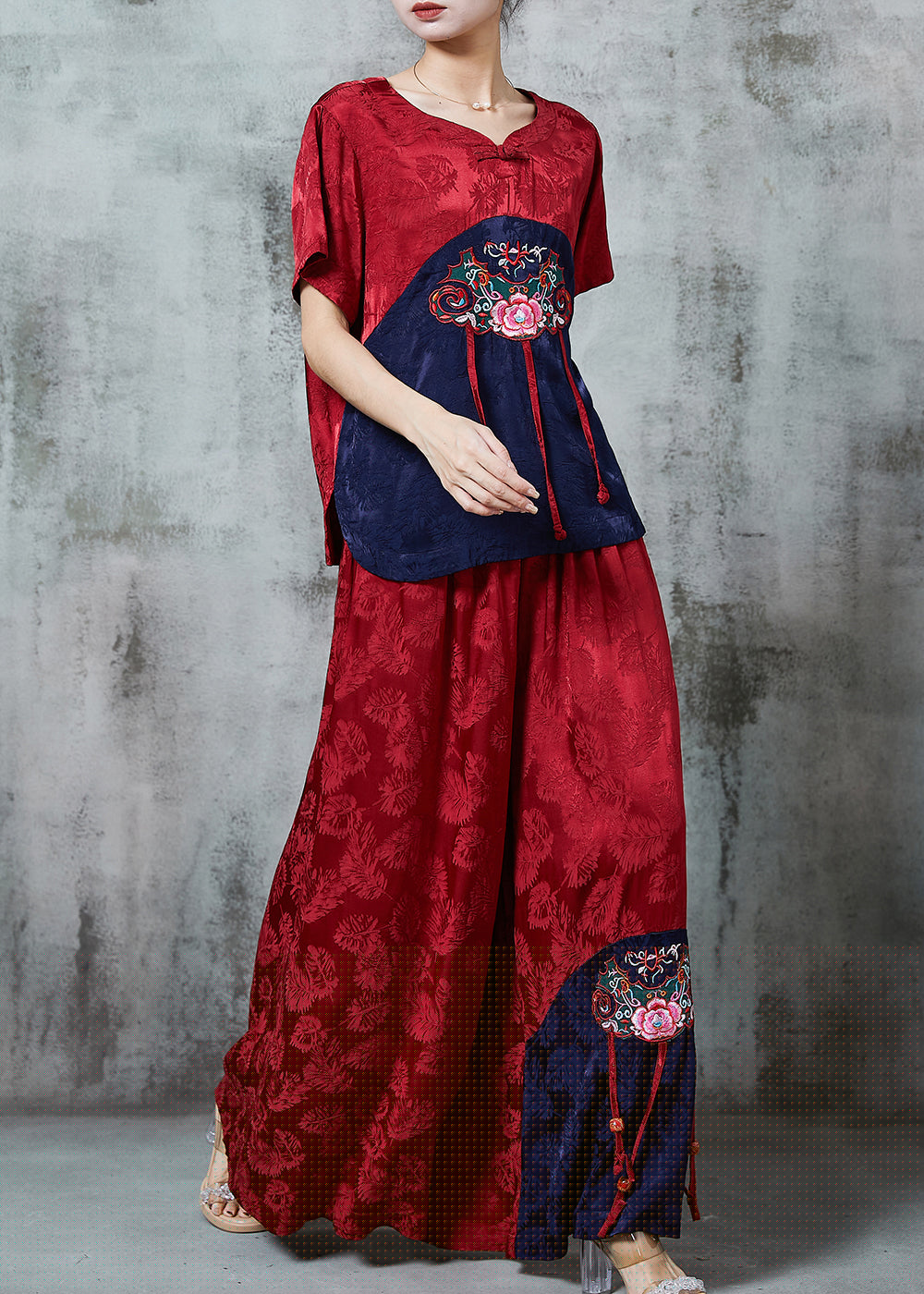 Chic Mulberry Embroidered Patchwork Silk Women Sets 2 Pieces Summer