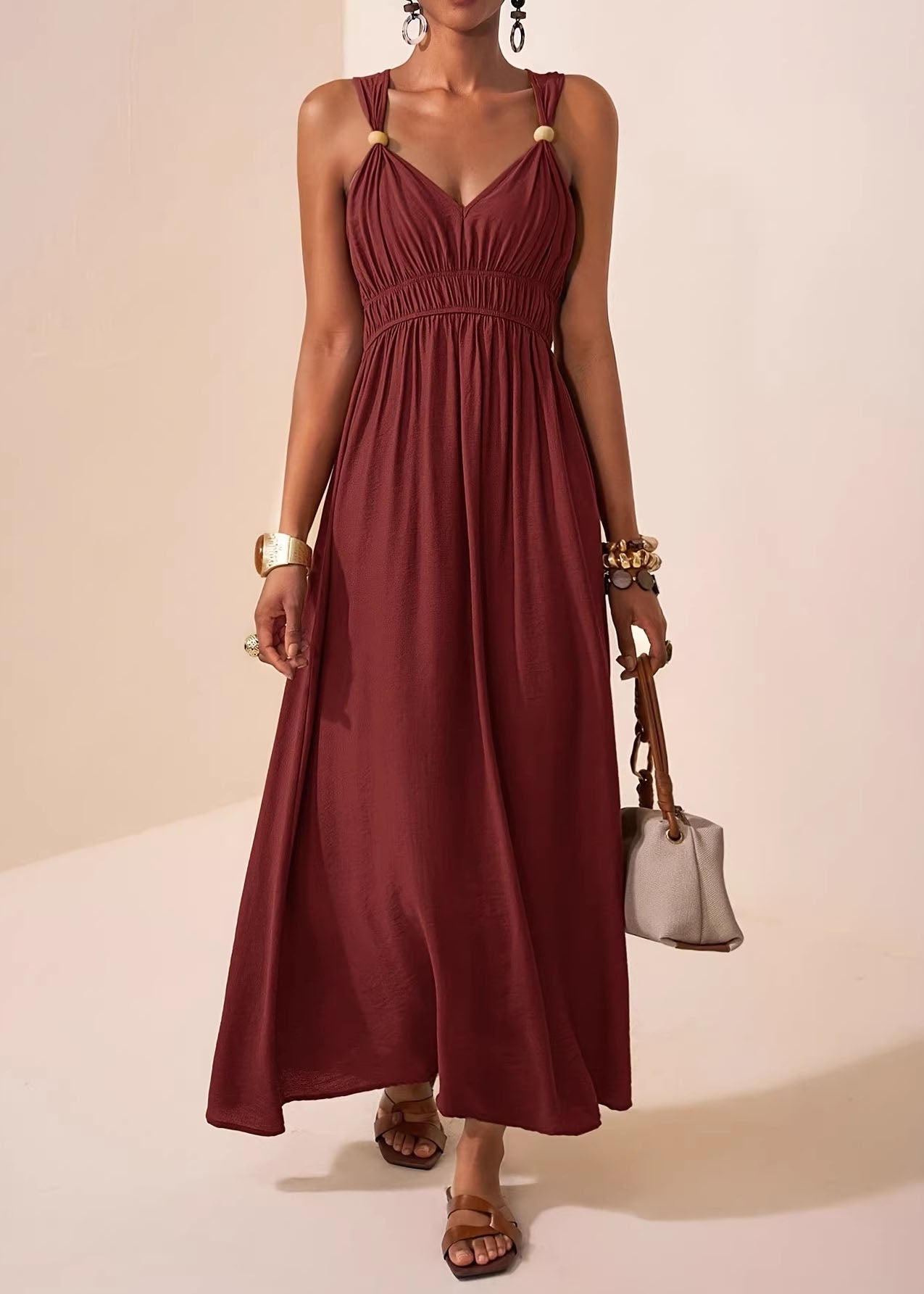 Chic Mulberry V Neck Patchwork Cotton Maxi Dress Sleeveless