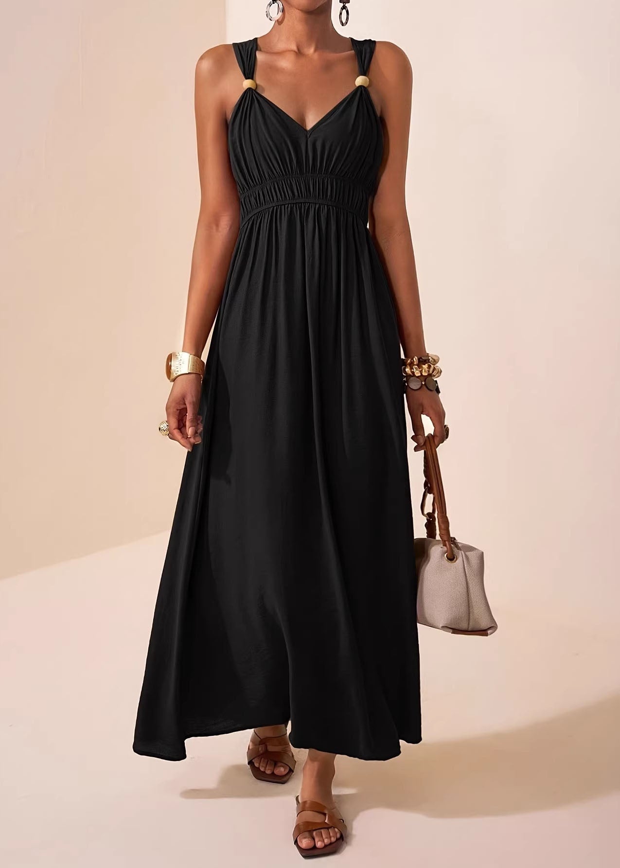 Chic Mulberry V Neck Patchwork Cotton Maxi Dress Sleeveless