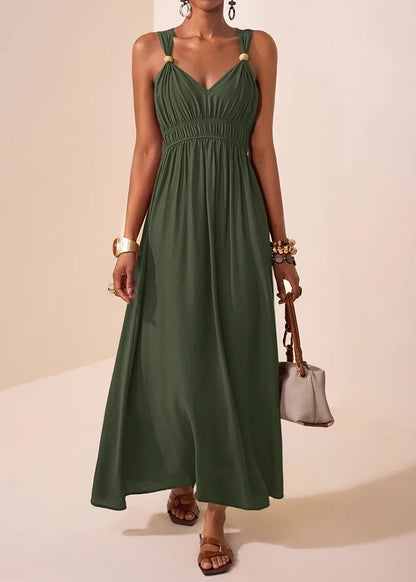 Chic Mulberry V Neck Patchwork Cotton Maxi Dress Sleeveless