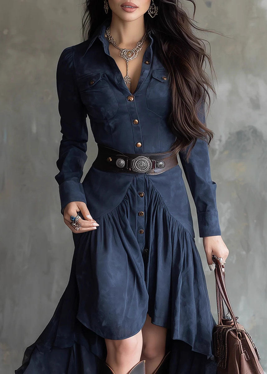 Chic Navy Asymmetrical Design Patchwork Faux Suede Dresses Fall