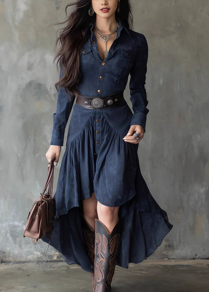 Chic Navy Asymmetrical Design Patchwork Faux Suede Dresses Fall