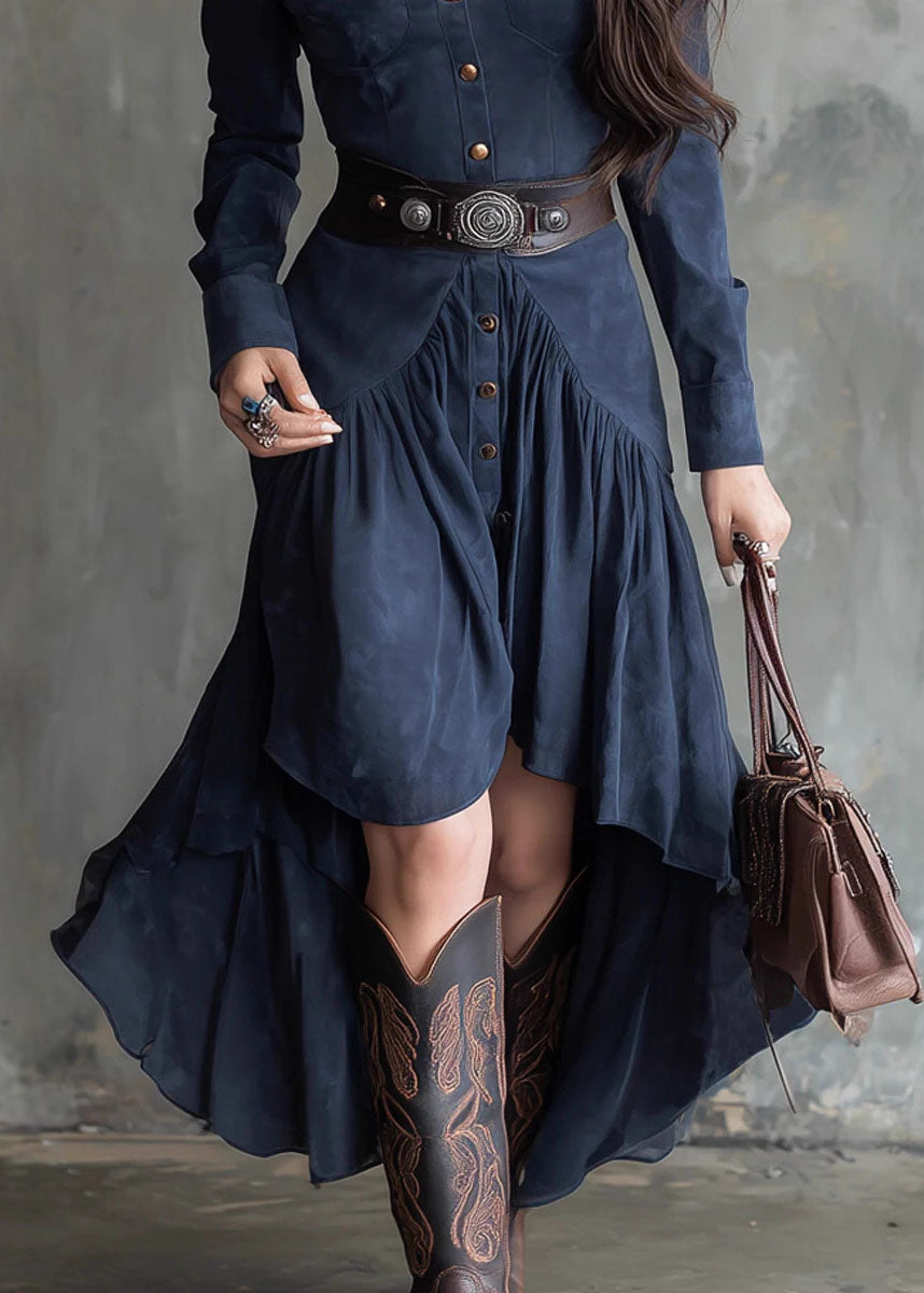 Chic Navy Asymmetrical Design Patchwork Faux Suede Dresses Fall