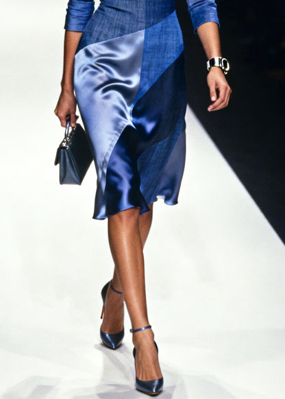 Chic Navy Asymmetrical Patchwork Silk Day Dress Summer